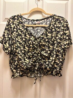 SO Black Floral Drawstring V-Neck Crop Top with Yellow and Cream Flowers